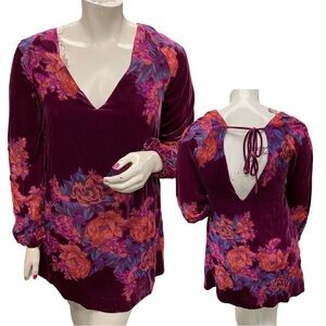 Free People Velvet Floral V-Neck Top - Purple and Orange Size L